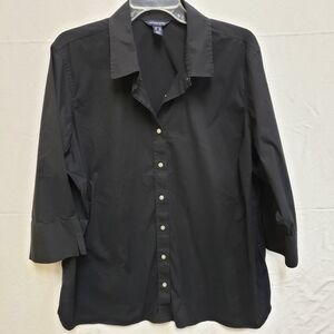 Lands End 24W Womens Black Button Blouse Top 3/4 Sleeve Cotton Stretch Workwear